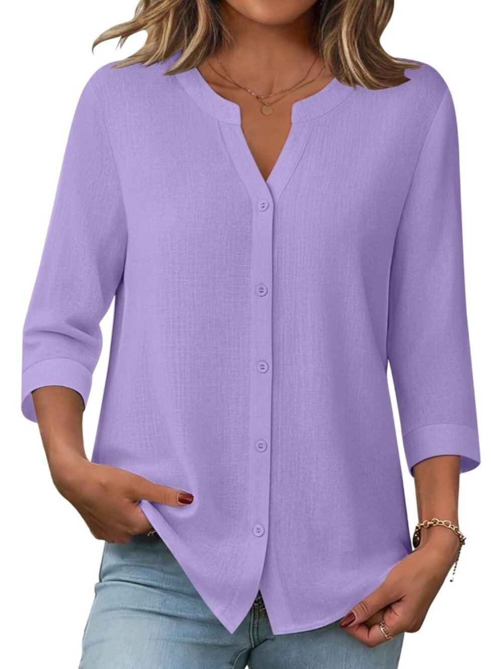 Women's Lavender Button Down Sleeve Linen Cotton V Neck Casual Loose Work Blouse